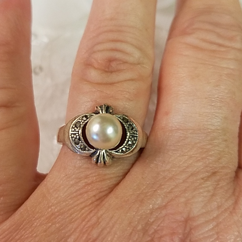 E.M.A. Sterling Pearl Marcasite Ring